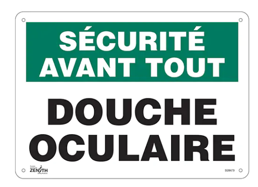 Enseigne «Douche Oculaire» (français) en plastique (10'' X 14'')